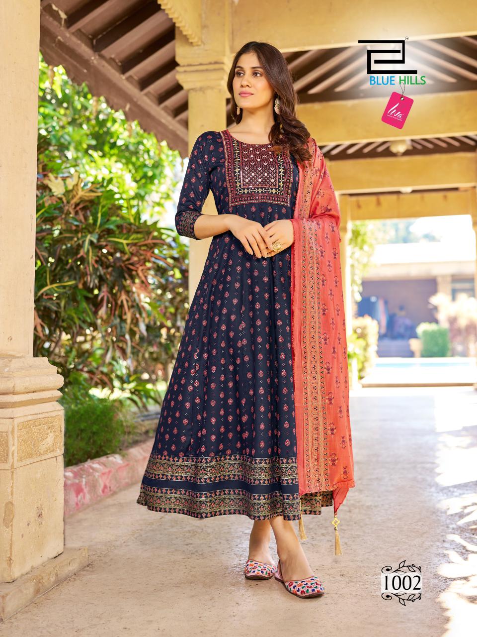 Vasuki By Blue Hills Rayon Foil Print Anarkali Kurti With Dupatta Wholesale Suppliers In Mumbai